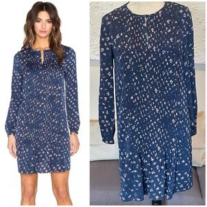 The Kooples Paris Women's Navy Blue Floral Silk Pleated Long Sleeve Mini Dress
